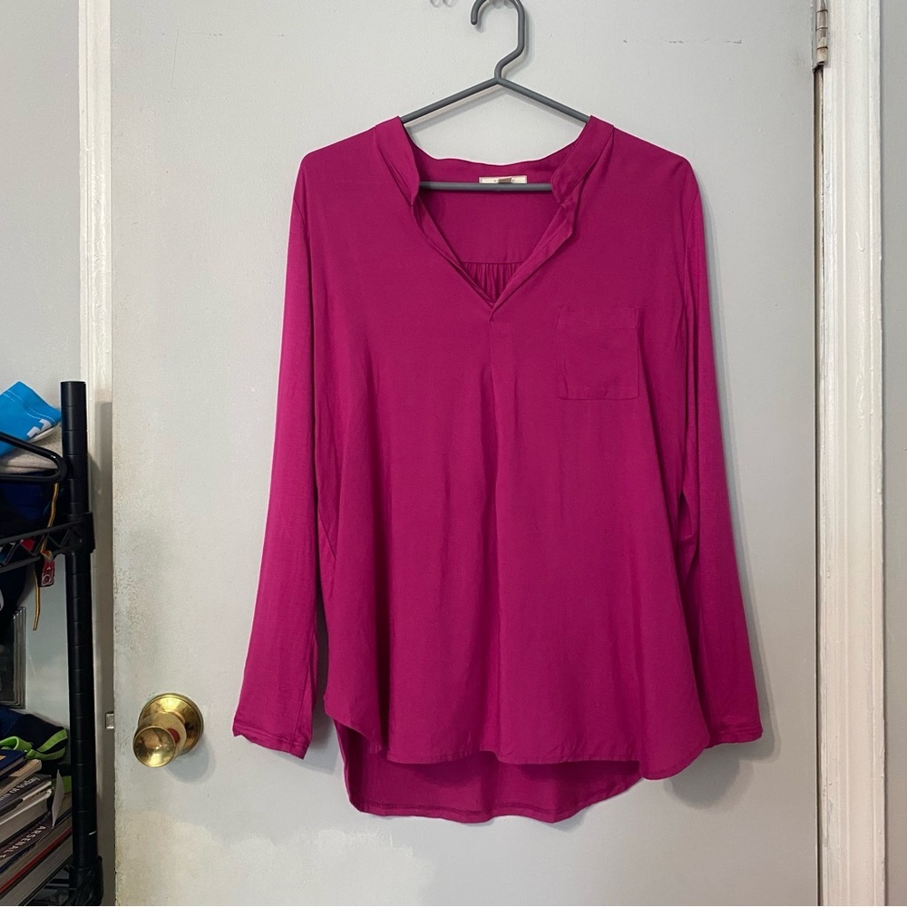 {Pleione} Mixed Media Roll Sleeve Top | Fuscia Pink ~ Size XS - Picture 10 of 15